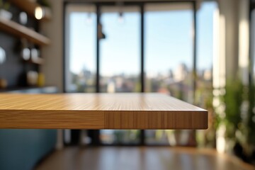 Modern Kitchen Tabletop with City View Background.