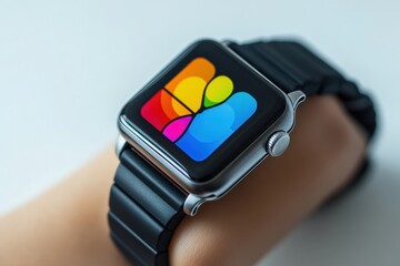 Smartwatch showcasing vibrant display with abstract colors and sleek design against a smooth background, ideal for tech enthusiasts and gadget lovers