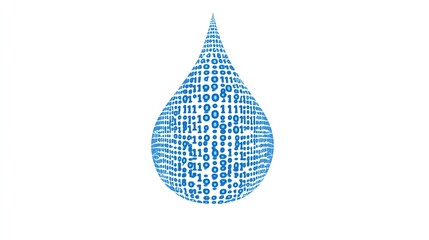 Blue Digital Water Droplet Representing Data and Technology With Binary Code Pattern Throughout the Design and a Clean, White Background