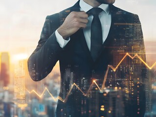 Businessman Adjusting Tie with Cityscape and Stock Chart Overlay