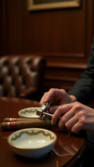 Luxury cigar preparation in an exclusive smoking lounge with high-end accessories.
