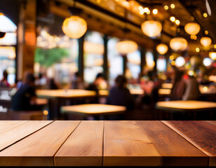 A rustic wooden table in the foreground is set in a lively, warmly lit restaurant with blurred silhouettes of people enjoying conversations and meals in a cozy atmosphere.