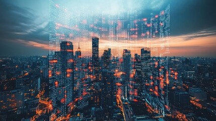 Cityscape overlaid with digital code at sunset