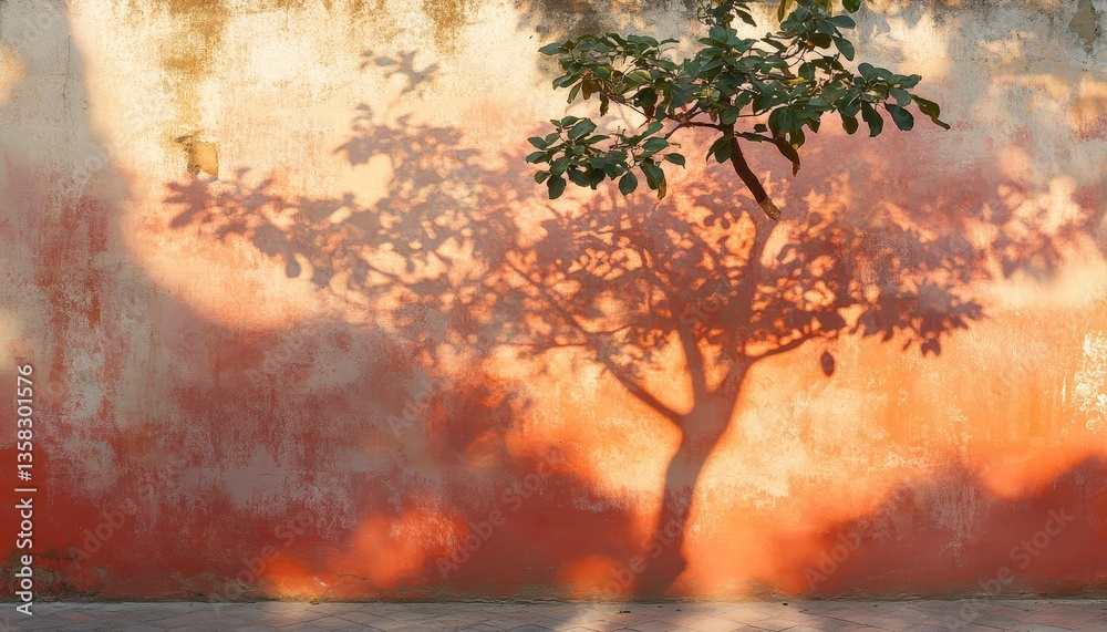 Aufkleber soft shadows of a tree dance on a faded orange wall during sunset in a serene urban setting