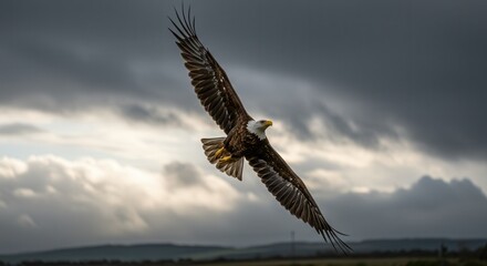 Naklejka premium Majestic Bald Eagle in Flight Against a Dramatic Cloudy Sky