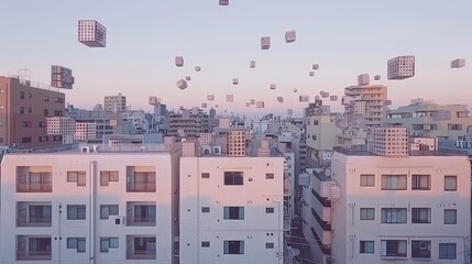Surreal city view with floating cubes. Buildings bathed in pink light against a pale sky