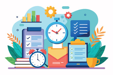 A colorful workspace showcases various tools for managing time and organizing tasks efficiently, Work deadline, time management concept