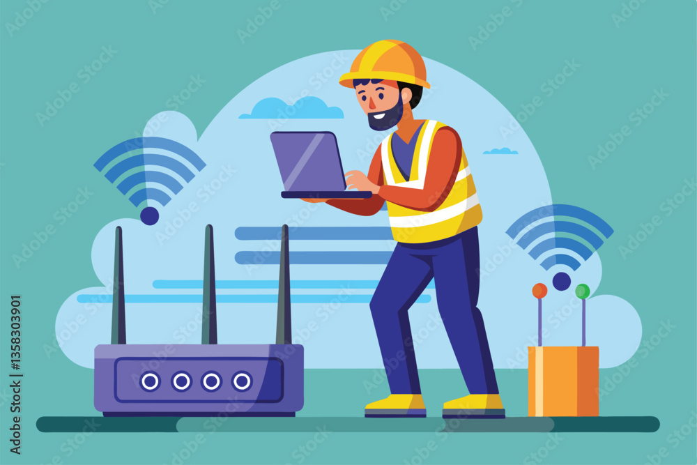 Poster a technician monitors a wifi routerâ€™s performance using a laptop in a well-lit workspace, worker c