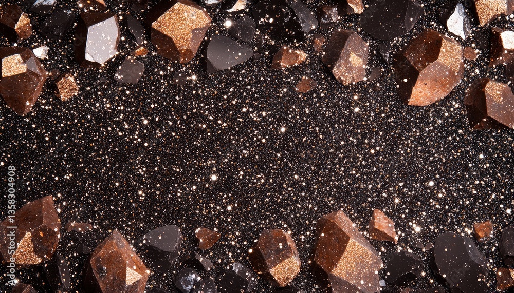 Poster Reflective brown gemstones and shimmering particles create a unique visual display on a dark surface, showcasing natural beauty in an artistic arrangement