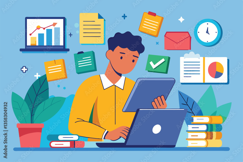 Poster a worker efficiently organizes documents and data while using a tablet and laptop in a colorful offi