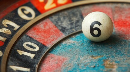 Close-up of a roulette wheel with ball on number 6