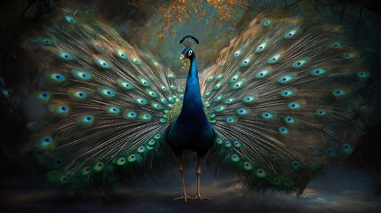 Obraz premium Courtship Dance: Depict the mesmerizing courtship dance of a peacock, detailing the graceful movements and the spectacular display of its tail feathers, along with the underlying symbolism of this per