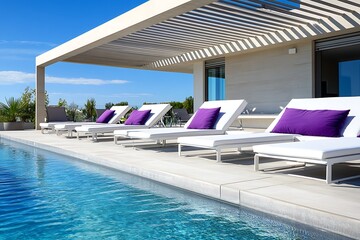 Minimalist pool deck featuring white loungers with purple pillows under a modern pergola.