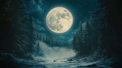 Fototapeta premium Snowy moonlit forest at night (1)