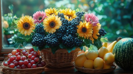 Vibrant sunflowers, grapes, and assorted fruits arranged in baskets on a wooden surface, bathed in soft sunlight