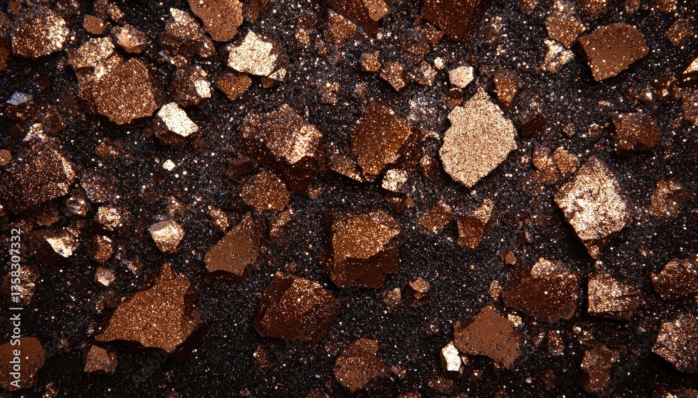 Poster Reflective brown gemstones and shimmering particles create a unique visual display on a dark surface, showcasing natural beauty in an artistic arrangement