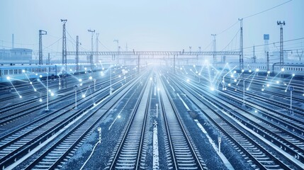 Train tracks with digital network overlay, futuristic visualization of data and transportation