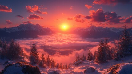Obraz premium Vibrant sunset paints a breathtaking scene over a snow-covered mountain range, with clouds filling the valley below