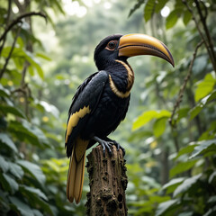 A majestic hornbill with a large, curved beak, sitting on a tall tree branch, surrounded by dense rainforest foliage. 