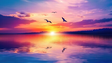 Serene Sunset Over Calm Lake with Colorful Reflections and Birds