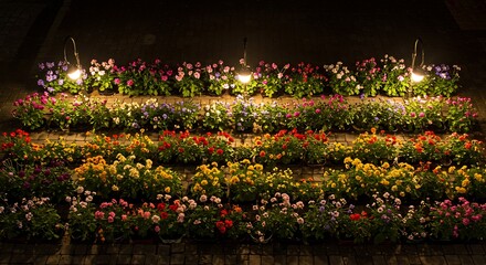 Colorful Flower Bed Display at Night with Lights Along a Brick Wall