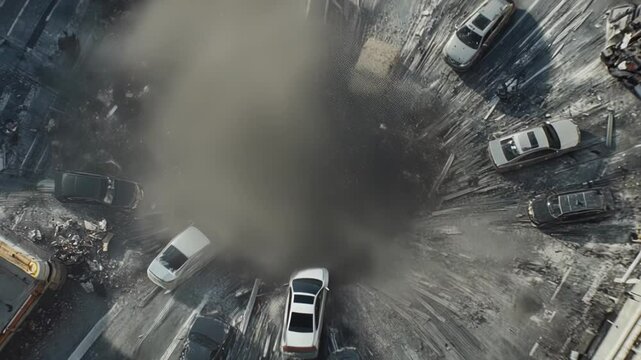 Orange car falls into a deep, dark sinkhole that opens up in the middle of a busy city street, causing dust and debris to explode upwards, creating a chaotic scene