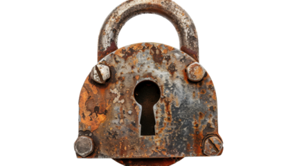 Old rusty padlock showing keyhole on transparent background