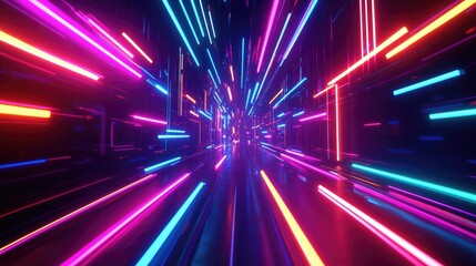 Fototapeta premium Futuristic Neon Light Tunnel with Colorful Glowing Lines and Dynamic Blur Effect for Modern Digital Backgrounds