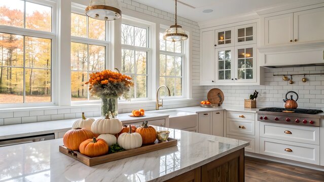 Bright kitchen with pumpkins and flowers on island and view of autumn trees through large windows