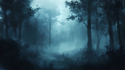 A mystical forest shrouded in dark mist, evoking a sense of enchantment and mystery at twilight. Shrouded Depth. Illustration