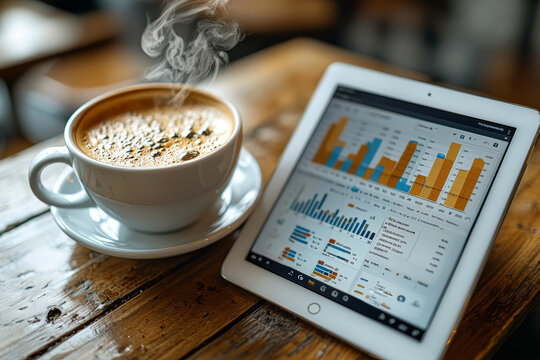 A digital tablet displaying graphs beside a steaming coffee cup. Concept of remote work and economic analytics.