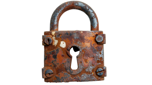 Old rusty padlock showing keyhole on transparent background