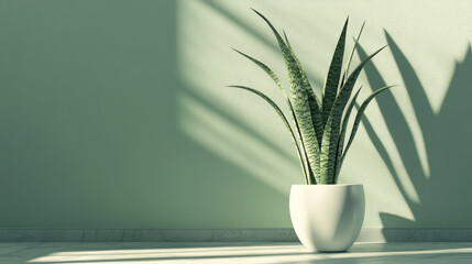 A tall snake plant in a sleek white ceramic pot, positioned near a sunlit wall, its long