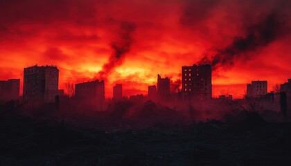 Fototapeta premium Destruction looms over an urban landscape at sunset, with silhouetted buildings and smoke rising, capturing a powerful moment of chaos and decay