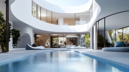 Fototapeta premium Modern White Curved Architecture with Pool and Courtyard