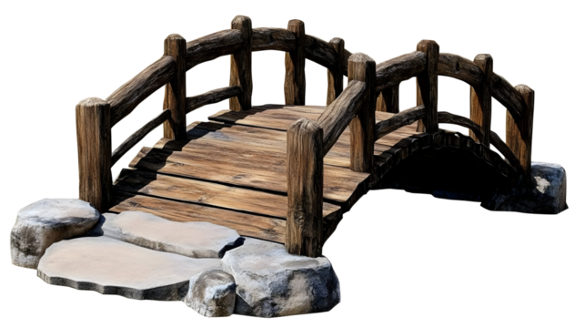 3D Isolated Wooden Bridge With Stone Steps on Transparent Background