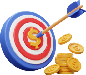 Achieve Financial Goals 3D Render of Arrow Hitting Dollar Sign Target with Coins