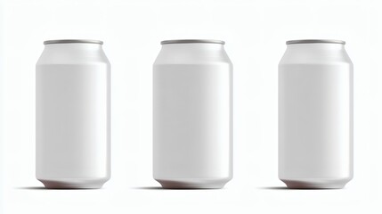 Three sleek blank aluminum cans in a minimalist arrangement on white backdrop