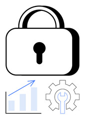 Padlock symbolizes security alongside a gear with a wrench and upward bar chart. Ideal for data protection, system optimization, technology, business strategy, cybersecurity, innovation, flat simple