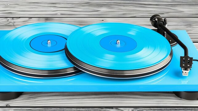 Vibrant blue record player with two matching vinyl discs on a wooden surface
