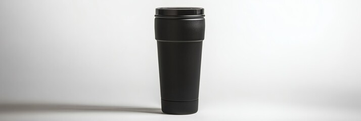 Fototapeta premium Sleek Black Reusable Tumbler on a Minimalist White Background Studio Shot