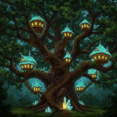 Fototapeta premium Ancient Tree with Spiral Staircases and Glowing Treehouse Villages, Fantasy Forest Landscape 4K HD High-Quality Image Wallpaper Background
