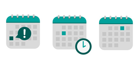 Three calendar icons. Exclamation mark bubble. Highlight day square. Vector time reminder.