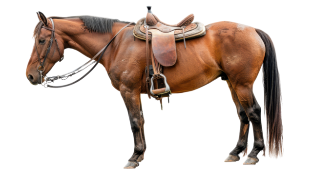 Brown horse standing still wearing saddle and bridle on transparent background