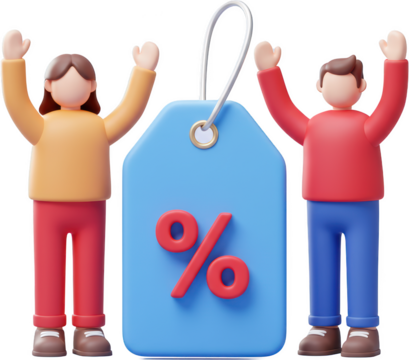 Happy cartoon characters celebrating big sale discount offer percentage sign on price tag