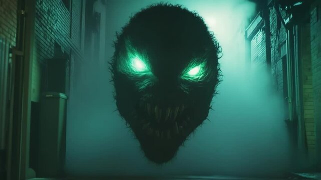 A pair of glowing predatory eyes emerge from a swirling mist in the alley revealing a horrific maw that stretches impossibly wide poised for a sudden attack in the waning twilight.