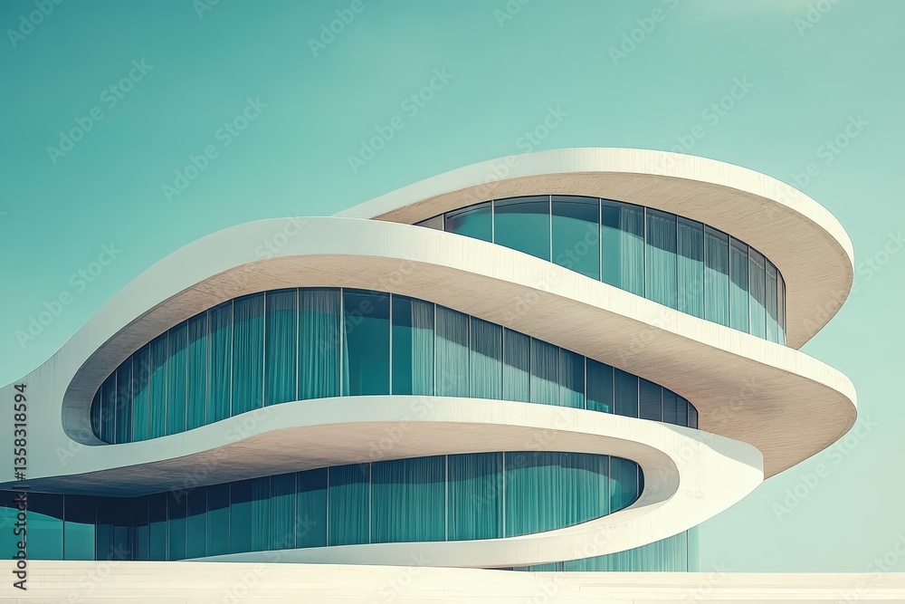 Poster modern architectural design with sweeping curves and glass facade at a cultural center in a cloudy s