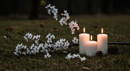 Candles and Blossoms Serene Outdoor Still Life with Natural Elements