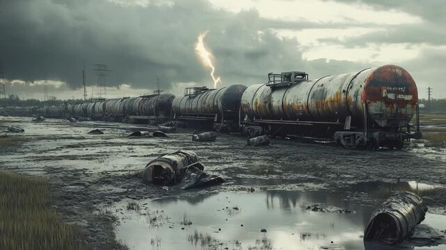 Rusted train cars sit idle in a muddy field, reflecting a stormy sky filled with dark clouds and lightning strikes, creating a desolate and eerie atmosphere