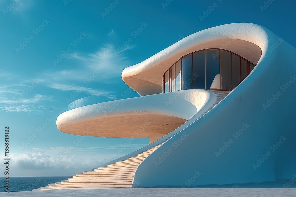 Poster modern architectural design with sweeping curves and glass facade at a cultural center in a cloudy s